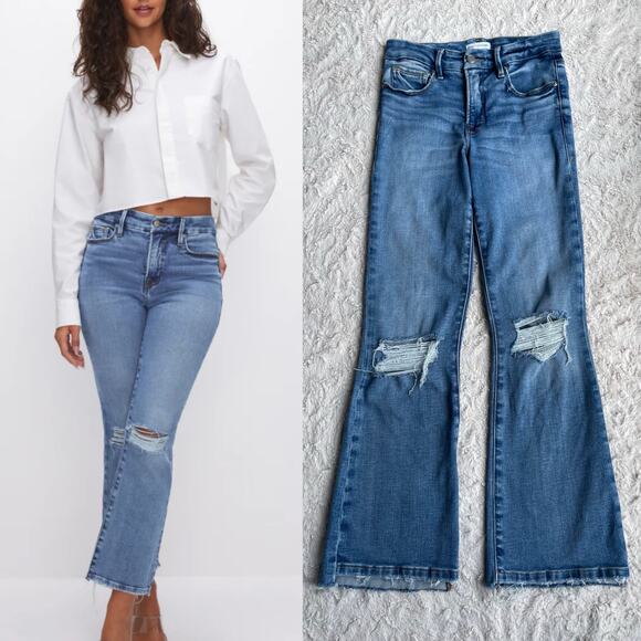 Good American good legs crop mini boot jeans kick crop flare bootcut distressed - Picture 14 of 14